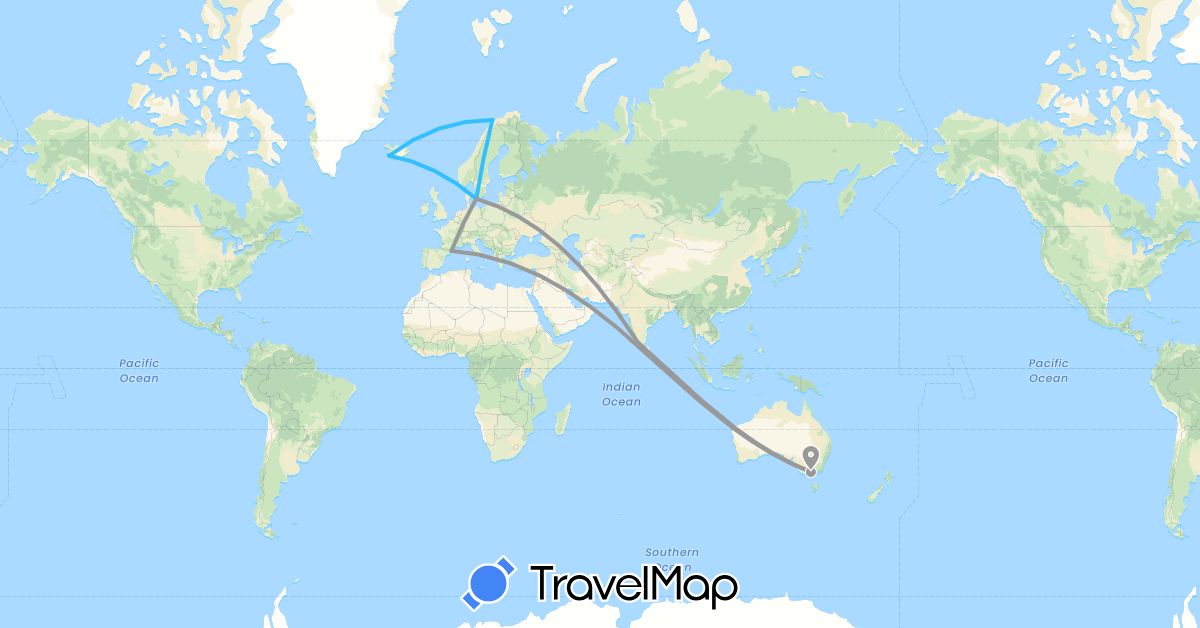 TravelMap itinerary: driving, plane, boat in Australia, Denmark, Spain, India, Iceland, Norway (Asia, Europe, Oceania)